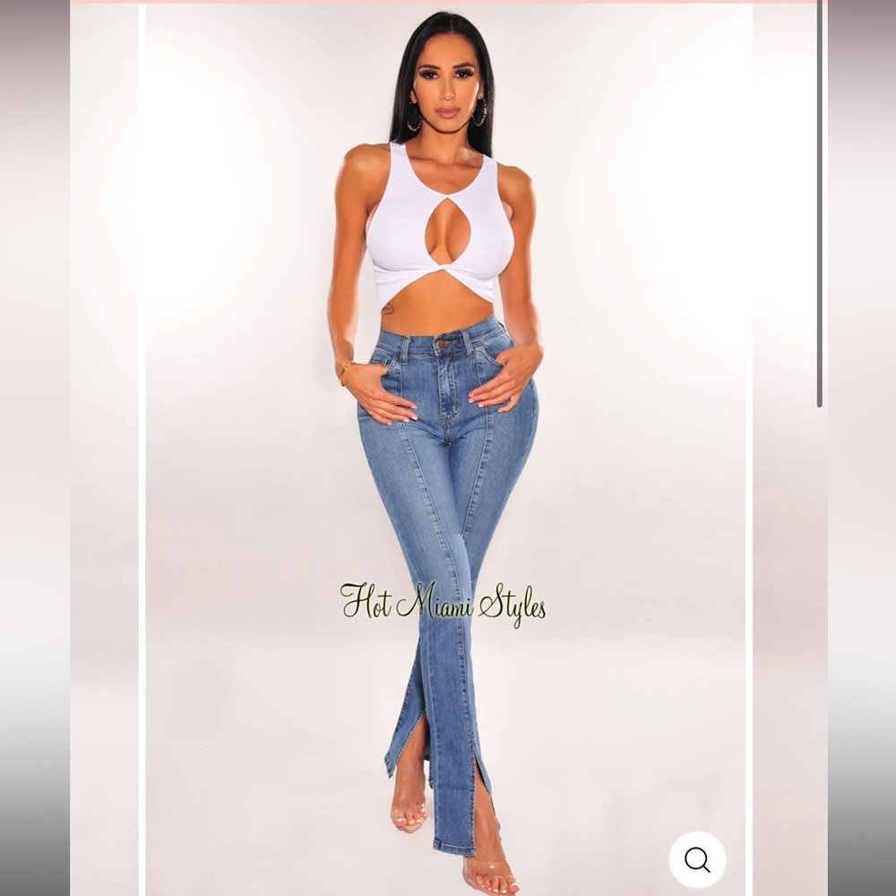 Worn 1x perfect condition HMS sz 7 blue denim high waist slit straight leg jeans